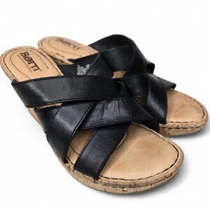 Born Black Braided Leather Strap Wedge Sandals Women's Slip On Casual Summer 7M